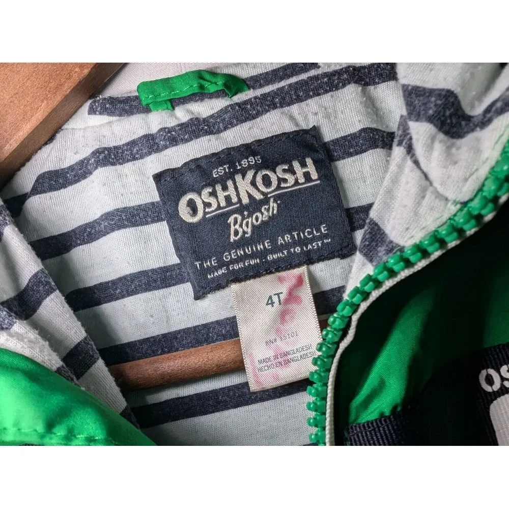 OshKosh B'gosh Hooded Windbreaker Size 4T Green 95 Sport Snap‎ Pockets